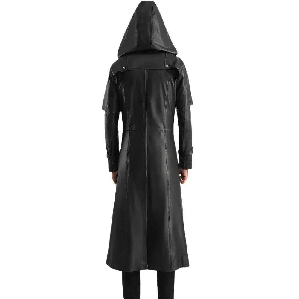 Hooded Leather Trench Coat Back Side View