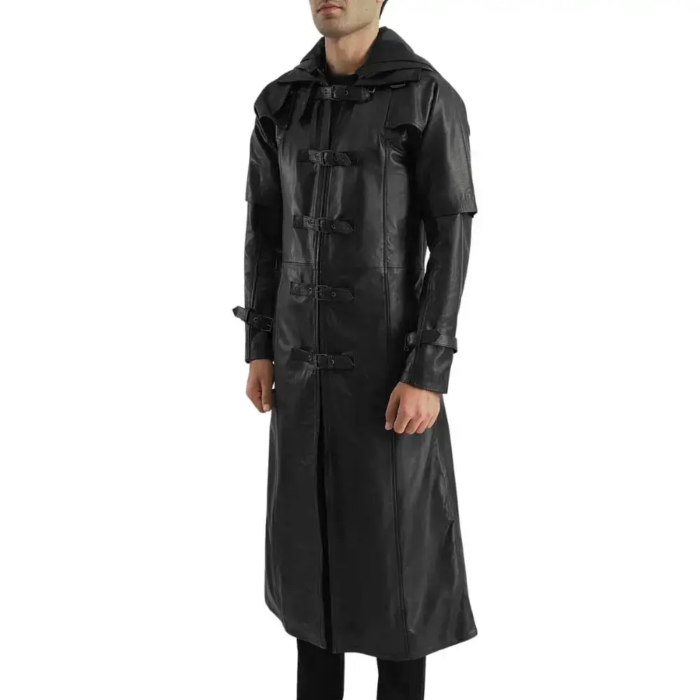 Hooded Leather Trench Coat Side View