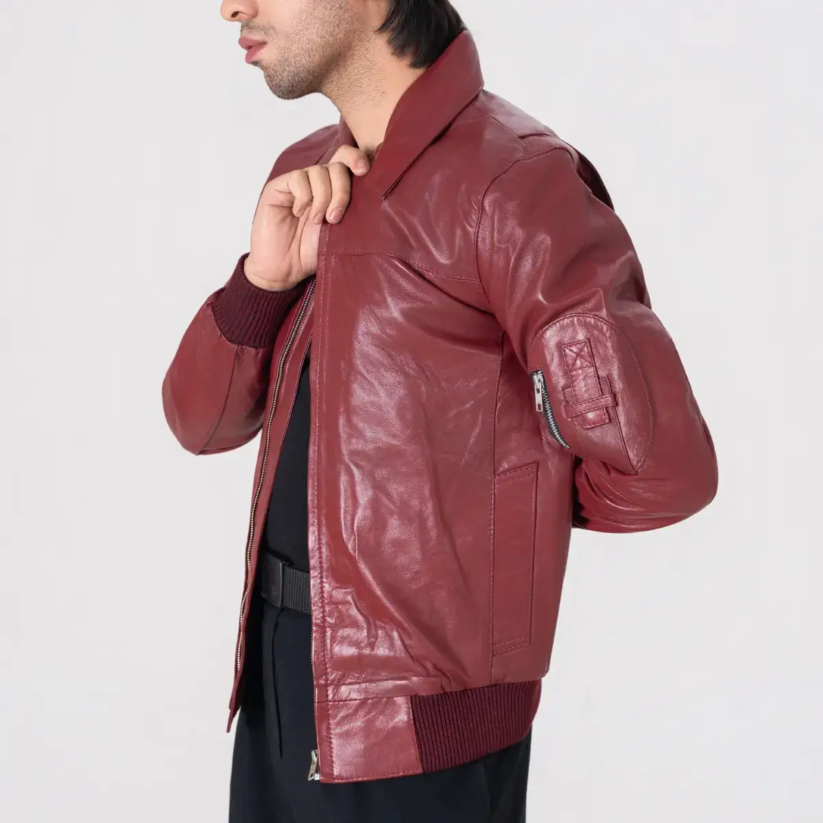 Men's Bomber Leather Jacket Side View