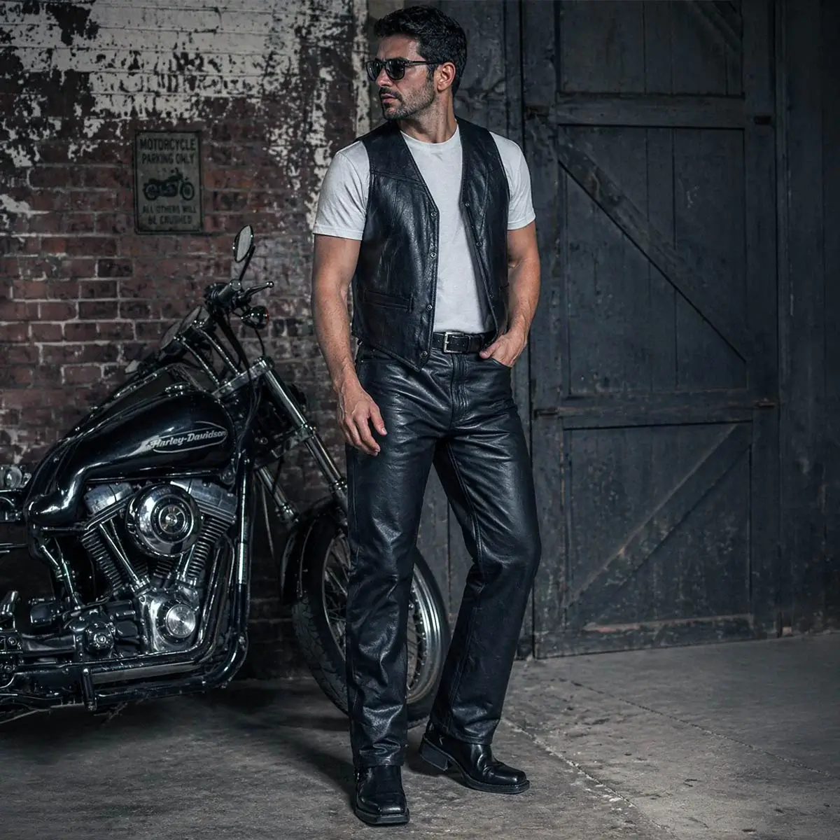 Men's Motorcycle Leather Pants Front Side View