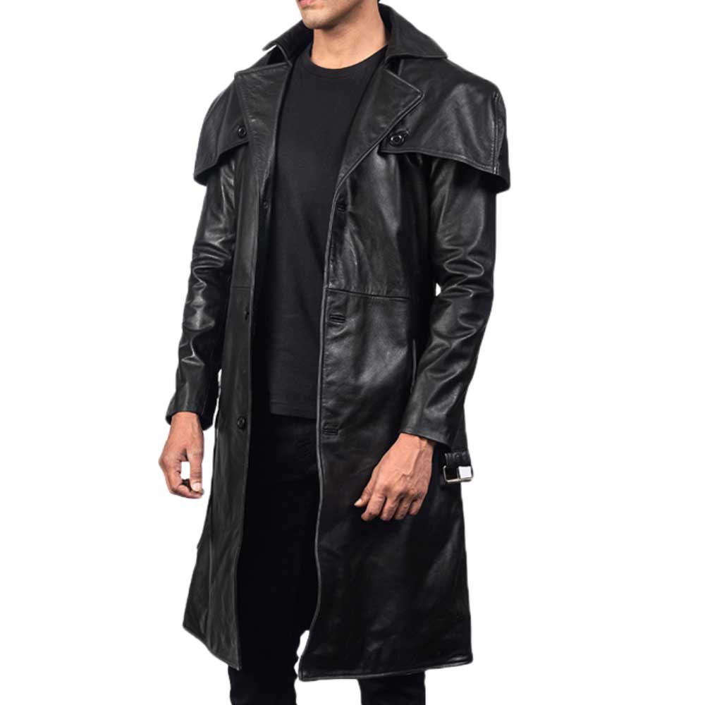 Modern Long Leather Coat Side View