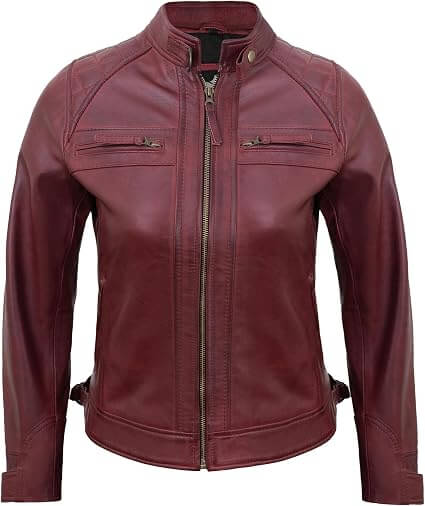 Quilted Leather Moto Jacket Women Front Side View