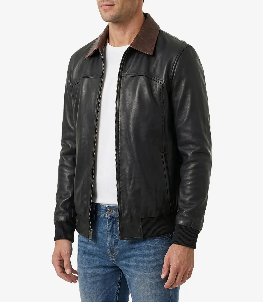 Stylish Leather Bomber Jacket Side View