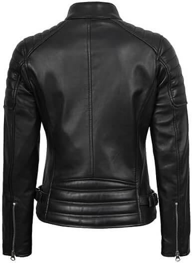 Women's Black Quilted Leather Jacket Back Side View