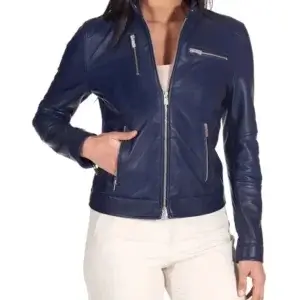 Women's Leather Racer Jacket Front Side View