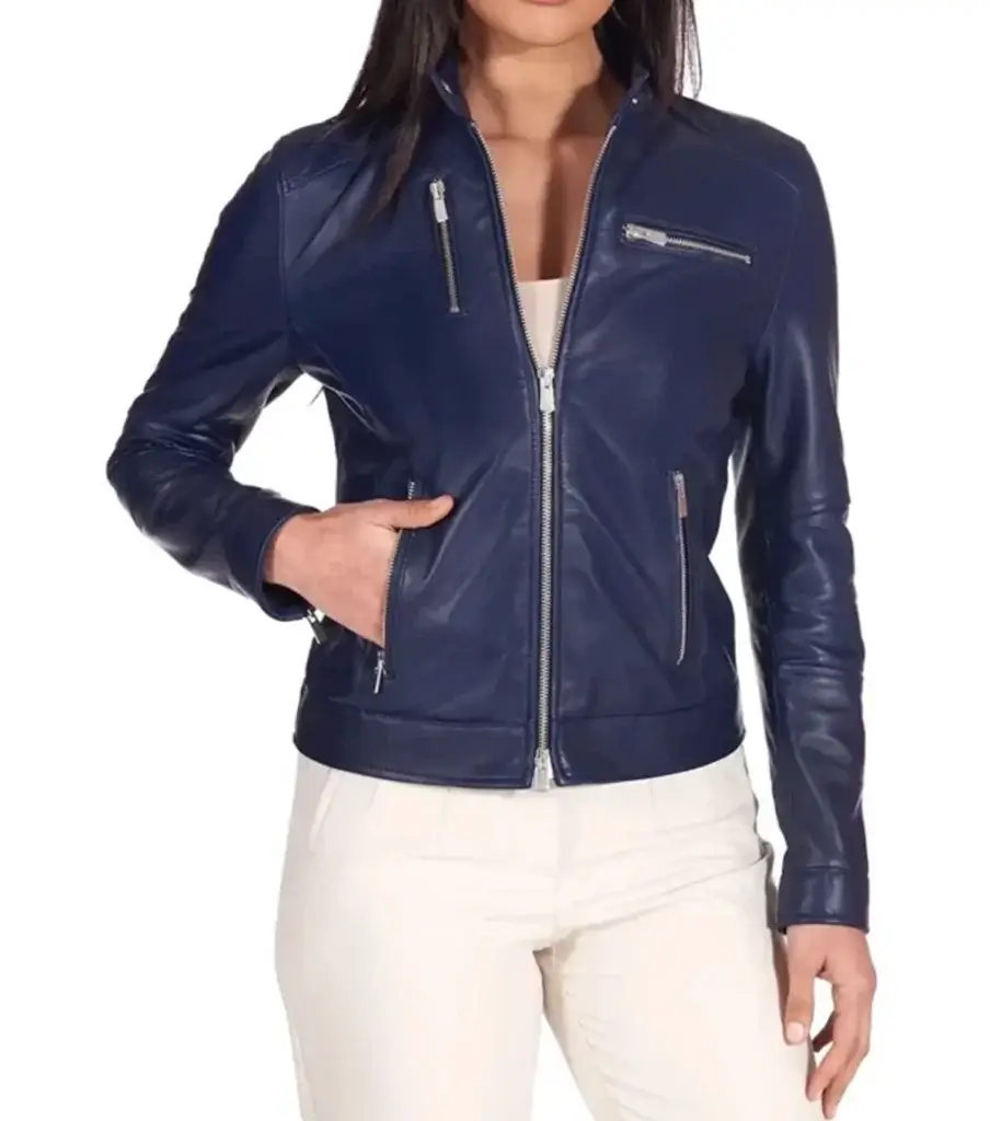 Women's Leather Racer Jacket Front Side View